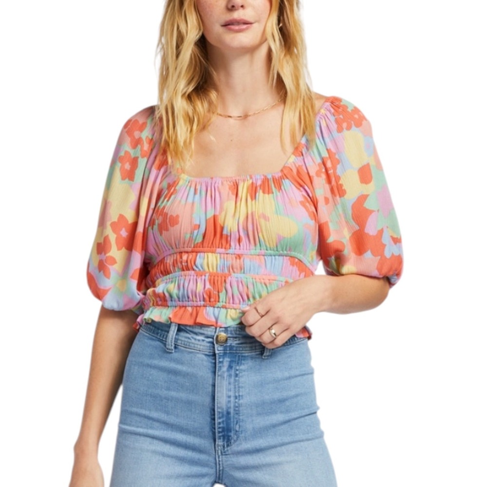 Billabong Keep Dreaming Floral Crinkle Smocked Crop‎ Top Boho Festival Beachy M